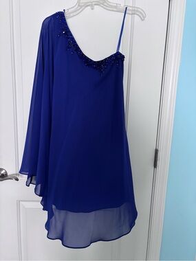 JS Boutique Cobalt Blue Asymmetrical One-Shoulder Dress with Beaded Trim